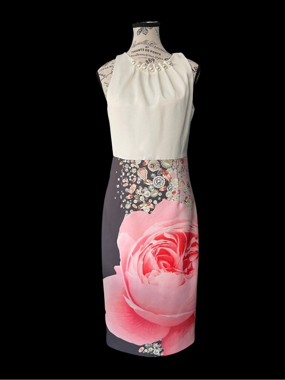 Ted Baker London Size 2 Pink Rose Floral Pearl Neck Midi Sheath Dress